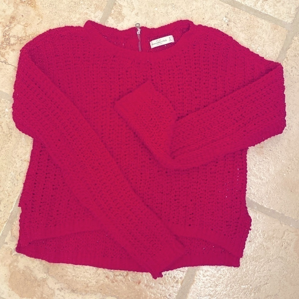 A & F Cropped Airy open knit Sweater Womens M 1/4 zip back chenille Pink Barbie